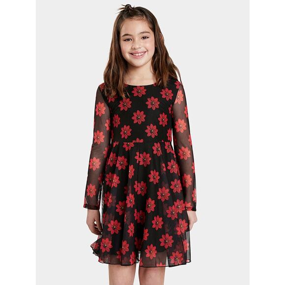 Desigual Girls Dress Size 13/14 Red Daisy Flowers Mesh Black Long Sleeve - Picture 1 of 8